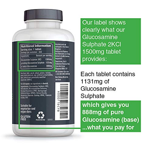 Glucosamine Sulphate 2KCl 1500mg 365 Tablets, 1 Year Supply, Vegan