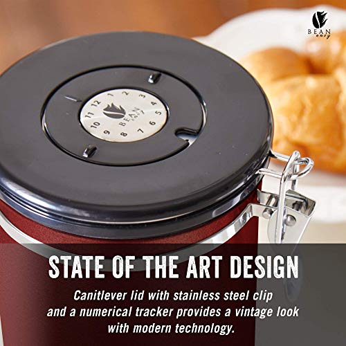 Bean Envy Airtight Coffee Canister - 16oz - Sealed Cantilever Lid with Co2 Gas Release Wicovalve & Numerical Day/Month Tracker - Stainless Steel Storage Vault for Whole/Ground Coffee Bean - Red
