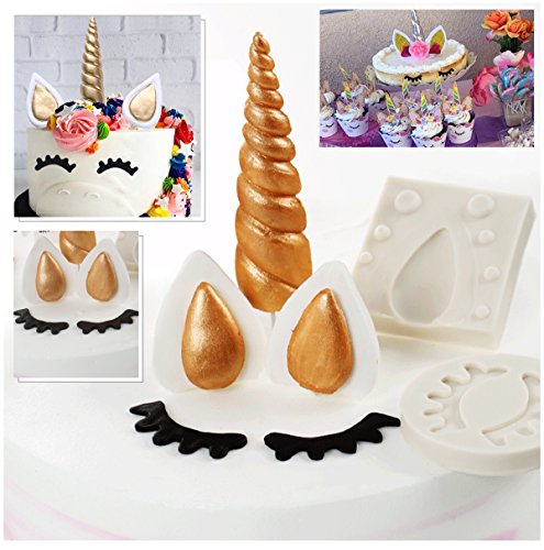 Kabi 5PCS Unicorn Silicone Cake Toppers Mold Set for Baking Cake Decoration Making Sugar Craft Candy Chocolate,with Unicorn Cupcake Toppers & Wrappers Double Sided 12 Sets