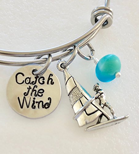 Windsurfing Bangle, Windsurfer Bracelet, Pewter Windsurfing Charm, Windsurfer Gift, Cultured Czech Blue Sea Glass, Adjustable Stainless Steel Bangle.