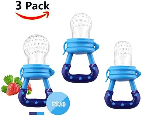 Baby Food Feeder - (Blue, Set of 3) Reusable Aching Gums Pacifier | Fruit Food Silicone Nipple Teething Toy