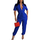 ZonJie Blue Sexy Jumpsuits for Women Summer Plus Size Short Sleeve Party Rompers Dressy Club Wide Leg Long Pants10923A-Small