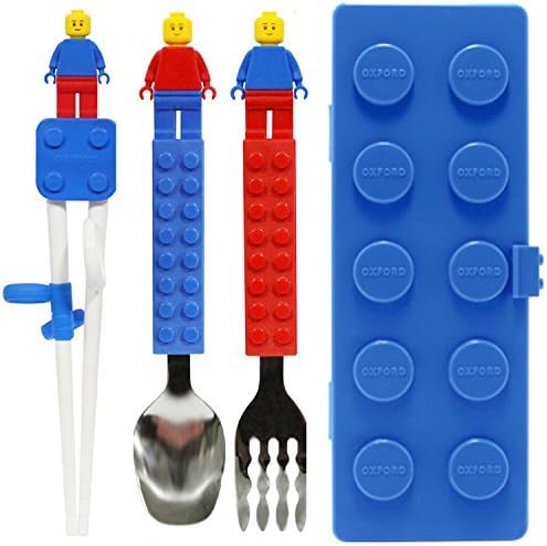 Brick Figure Design Training Chopsticks Spoon Fork Case Set for Right-hand Children Kids (SpoonForkChopsticksBlueCase)