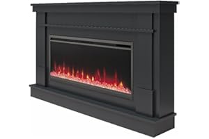 Novogratz Waverly 64 Inch Electric Fireplace with Mantel, Replaceable Fireplace Insert Heater, Remote Control, Timer, Color Changing Crystal Ember Flames, For Living Room or Bedroom, Black