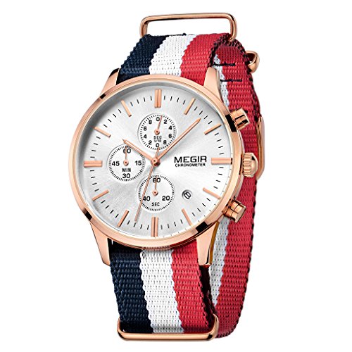 Megir Mens Quartz Watch Wristwatch with Striped Nylon Band, White