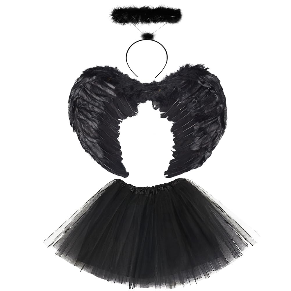 Wonsta Fallen Angel Fancy Dress Halloween Dark Angel Costume Kids Adults Black Angel Black Feather Angel Wings Costume for Halloween Christmas Party