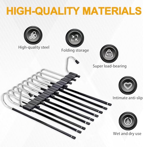 2 Pack Upgrade 9 Layers Pants Hangers Space Saving, Non-Slip Clothes Hangers for Wardrobe, Multifunctional Clothing Rack for Closet Storage, Ideal for Jeans, Pants, Skirts, Scarves & Slacks (Black)