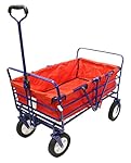 Next Generation Folding Wagon Field Work Garden Utility Cart with Polyester Basket, Spring Bounce Feature, Auto Safety Locks, Handle Steering - Sapphire Blue (Sapphire Blue with Red Basket)