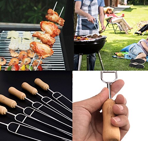 LinaLife 6pcs 15.3inch Grilling Kabob Skewers Food grade stainlesss steel grade Needles Double Prongs Barbecue Roasting Sticks Shish Kebab Skewers BBQ Stick Needles With Wooden Handle
