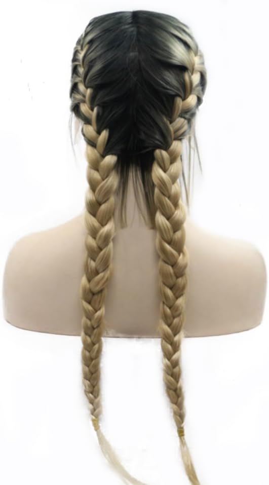 Dark Roots Ombre Blonde Long Hair Synthetic Lace Front Wigs For Drag Queen Natural 2x Twist Braided Wigs with Baby Hair Middle Part Women Girls Replacement Cosplay Wedding Double Braids Wigs