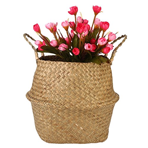 KINGSO 36x32cm Collapsible Seagrass Tote Belly Basket Storage Plant Nursery Toys Laundry Basket Home Panier Boule with Handles Home Decor