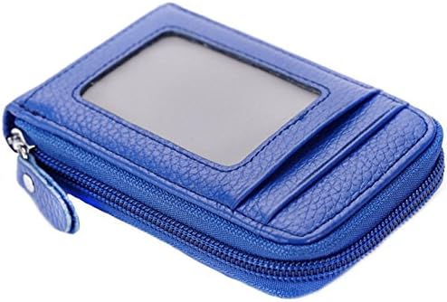 RFID Blocking Leather Mini Credit Card Case Organizer Compact Wallet with ID Window (Blue)