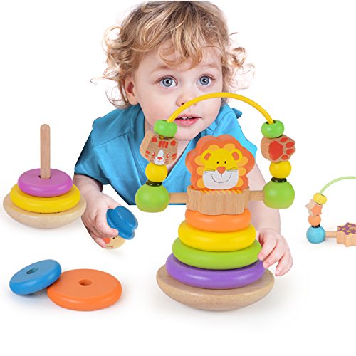 image for KAJA Wooden Rainbow Stacker Baby Ring Stacking Up Toys Blocks Stacker 