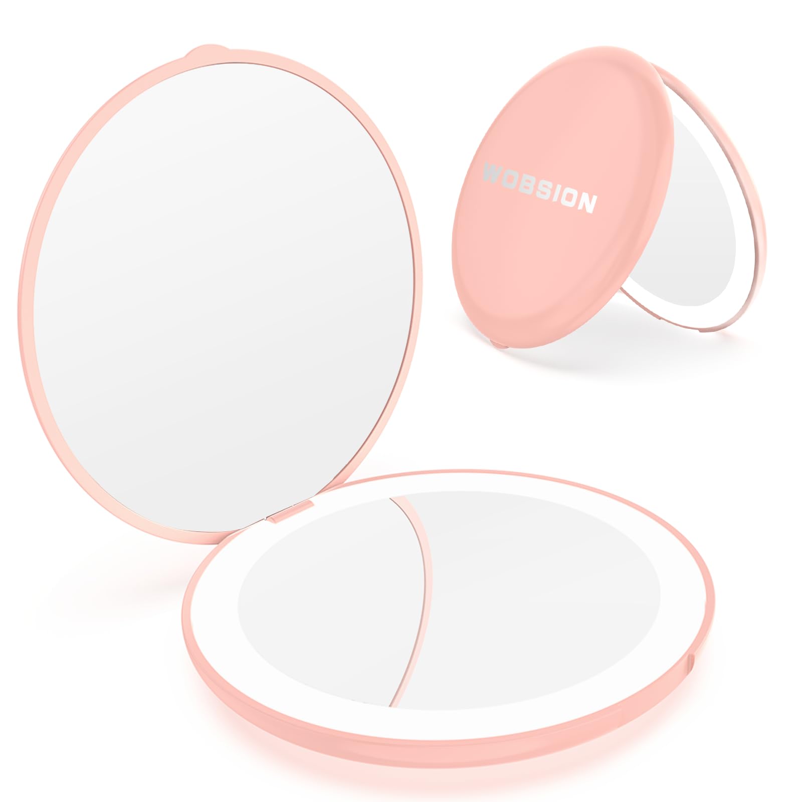 WOBSION Compact Mirror with Light, 1x/10x Magnifying Travel Makeup Mirror, LED Pocket Mirrors for Purse and Handbag, Handheld 2-Sided Small Folding Mirrors, Round, Pink