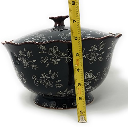 Temp-tations 3 qt Serving Bowl with Lid, Stoneware, Scallop & Flange Edge …(Floral Lace Black) - Thumbnail 5