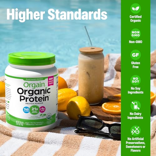Orgain Organic Vegan Protein Powder, Natural Unsweetened - 21g of Plant Protein, 4g Prebiotic Fiber, Low Net Carbs, No Lactose Ingredients, No Added Sugar, Non-GMO, For Shakes & Smoothies, 1.59 lb