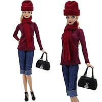 BJDBUS Autumn Fashion Long Sleeves Shirt Denim Pants Cap Scarf Handbag Shoes Clothes Set for 11.5 inch Girl Doll Accessories