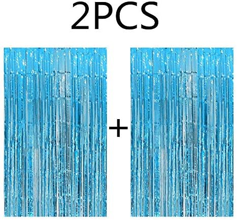 Blukey 2pcs 3.1ft x 8.2ft Light Blue Metallic Tinsel Foil Fringe Curtain Stunning Photo Booth Backdrop