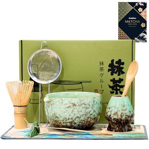 Photo 1 of Matcha Whisk Set, Green Matcha Kit (9 Pcs) Includes Bowl, Whisk, Holder, Scoop, Sifter, Spoon, Rest, Mat, Book - Exclusive Patented Ceramic Matcha Set for Matcha Lovers