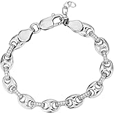 Vanbelle Sterling Silver Jewelry - Rhodium Plated with 925 Stamp - Coffee Bean Chain Bracelet with Cubic Zirconia Stones - Beautifully Handcrafted for Women - 7.5" Long