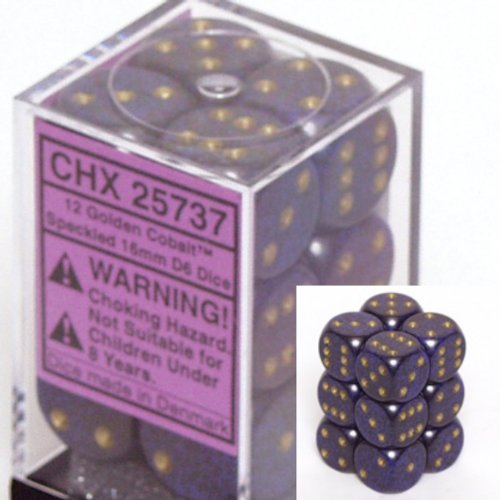 Chessex Dice d6 Sets: Golden Cobalt Speckled - 16mm Six Sided Die (12) Block of Dice