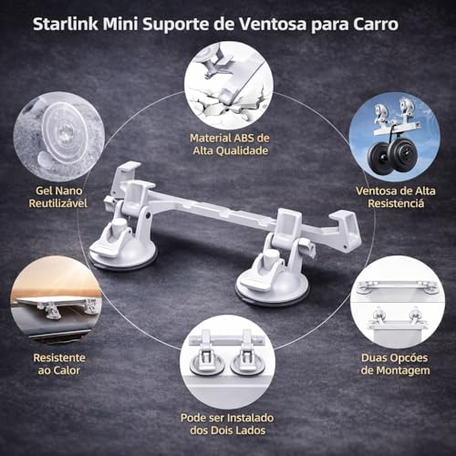 Suporte Starlink Mini para Carro Painel e Para-brisa com Ventosa Alta Sucção, Fixação Estável Antivibração, Compatível com Veículos, Posicionamento Seguro sem Obstrução, Material Resistente
