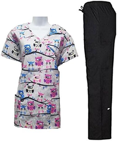 Women's Printed Scrub Sets Top & Pant Sizes XS S M L XL 2XL Multiple Prints Nursing (L, Owls Blue Top Navy Pant)