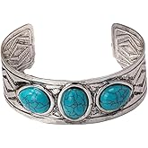 MarveBard Bohemian Turquoise Cuff Bracelet for Women Vintage Chunky Boho Open Bangle Silver Turquoise Bracelet Adjustable Statement Birthday Wedding Party Jewelry