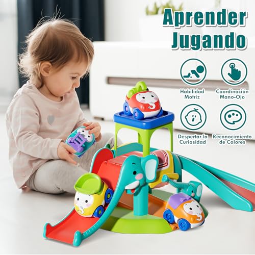 Lehoo Castle Juguetes para Niños 1 2 3 Años, Regalos de Cumpleaños, Tobogán de Elefante con 4 Coches de Animales, Juguetes Educativos para Bebés 12-18 Meses, Pista de Coches Empujables para Niño