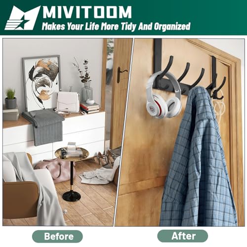 MIVITOOM Over Door Hooks, Heavy Duty Stainless Steel Over Door Hanger with Rust Resistant Finish, 5 Hooks for Coats, Hats, Bags, Clothes, Towels