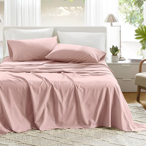 Comfort Spaces 100% Cotton Sheets Twin, Breathable & Ultra Soft Cotton Sheets, Naturally Cool Cotton Bed Sheets with 12 Elastic Pocket Fits up to 14 Mattress, All Seasons Sheet Set, Pink 3 Piece
