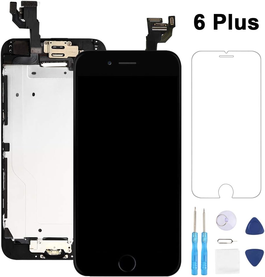Full Assembly for iPhone 6 Plus Screen Replacement Black LCD Touch Digitizer Display with Front Camera，Ear Speaker，Facing Proximity Sensor with Home Button，Repair Tools