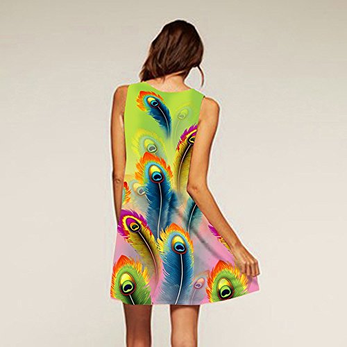 Dressin Womens Dress Summer O-Neck Boho Sleeveless Floral Printed Beach Mini Dress Casual T-Shirt Tank Tops Short Dress