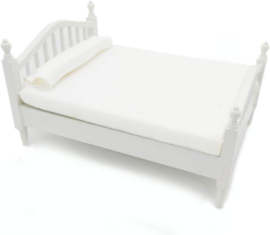Dollhouse Wooden Queen Bed 1/12 Scale Miniature Furniture Double Bed White for Bedroom