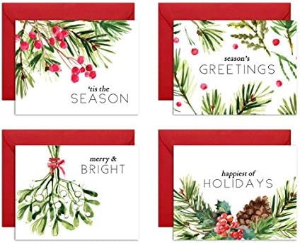 Watercolor Greenery Holiday Card Set - Pack of 12 Christmas Cards + Kraft Envelopes - By Palmer Street Press
