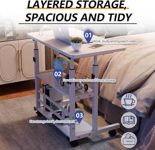 Home Office Desk, Height Adjustable Laptop Table with Shelf, Portable Small Computer Desk with Rolling Wheel, Modern Side Table for Work Study Reading,Stable and Durable, 80 * 40 * 60-90cm.