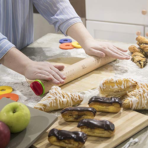 K BASIX Beech Wood Adjustable Rolling Pin with Multicolored Removable Rings Classic for Baking Dough Pizza Pie and Cookies