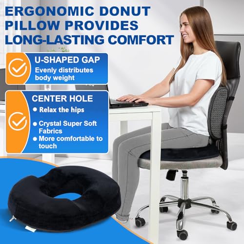 Ecosafeter Ergonomic Memory Foam Donut Cushion - Coccyx Support and Pressure Reduction for Office, Car and Home, Breathable Washable Cover