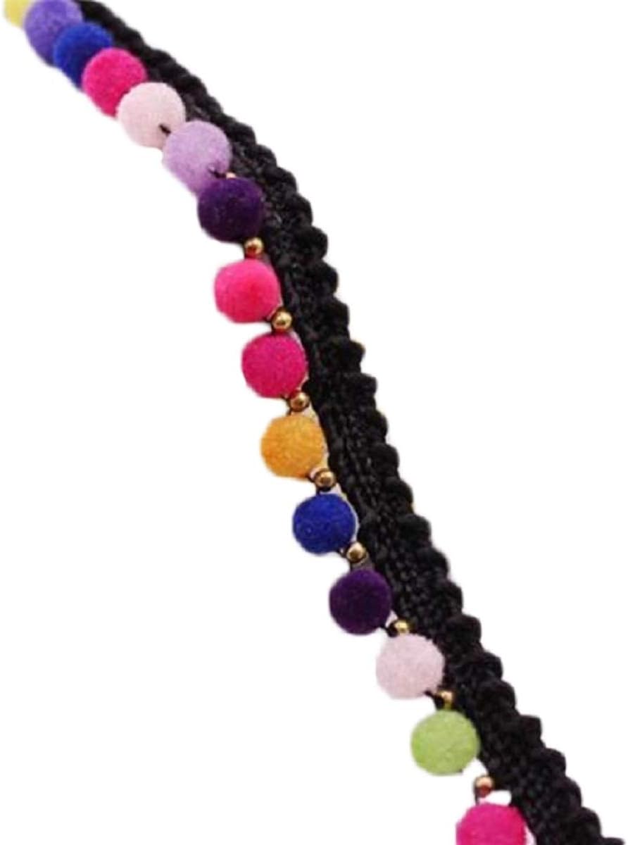 Yalulu 5 Yards Rainbow Pom Pom Ball Fringe Trim Pompom Balls Ribbon Tassel Trim for DIY Craft Sewing Accessories (Black-1 Row)