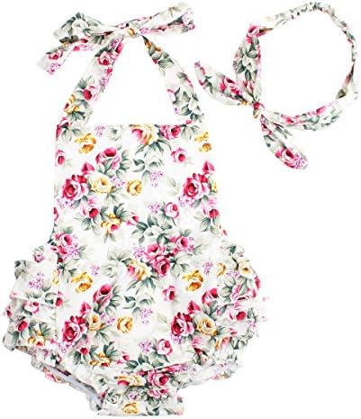 Baby Girls 2pcs Sets Cotton Ruffles Romper Outfits Clothes (S:6Months, White Roses)