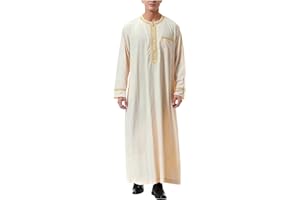 Muslim Robe for Men Arab Long Sleeve Kaftan Arabic Abaya Thobe Muslim Robe Casual Loose Lightweight Sleeping Gown