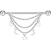 Zynova 14G Star Moon Chain Dangle Industrial Barbell Earring for Women 316L Surgical Steel Cartilage Barbell Earrings Studs Silver Industrial Bar Body Piercing Jewelry
