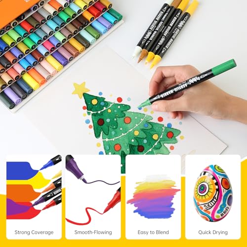 hhhouu Professional Acrylic Markers - Set of 100 Colors, Double Fine & Round Tips - Water-Based Permanent Acrylic Paint for Arts, Crafts and Creative Adult Design HO-AM100