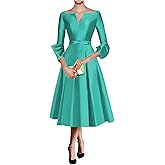 Caodip Satin Mother of The Bride Dresses for Women Tea Length Long Sleeve Wedding Guest Dress A Line Evening Gown