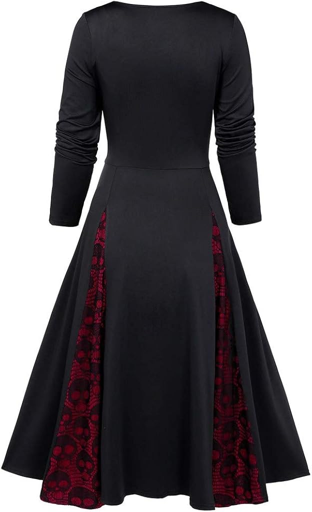 Women Plus Size Punk Gothic Skull Lace Insert Mock Button Bowknot Dress: Clothing