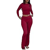 AYWA Women's 2 Piece Outfits Foldover Flare Pants Long Sleeve Crew Neck T-shirt Fitted Pajama Sets