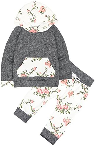 2PCS Outfit Set Baby Girls Floral Hoodie Tops Pant (Gray&amp;White, 0-6 Months)
