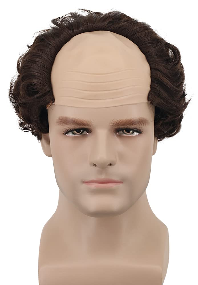 Yuehong Short Curly Brown Old Men Wig Fluffy Bald Head Receding Hairline Hair Heat Resistant Synthetic Fibers Durable Wig (Brown)