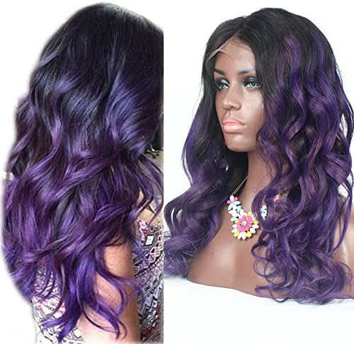 RosesAngel 1B/Purple Human Hair Wig for Black Women Glueless Full Lace Wigs Ombre Deep Wave Lace Front Wig with Baby Hair 14" Lace Front Wig (14 Inch Lace Front Wig, 1B/Purple)