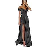 Wirunsy Women's Off The Shoulder Bridesmaid Dresses with Slit Satin Formal Gowns Long Prom Evening Party Dress with Pockets